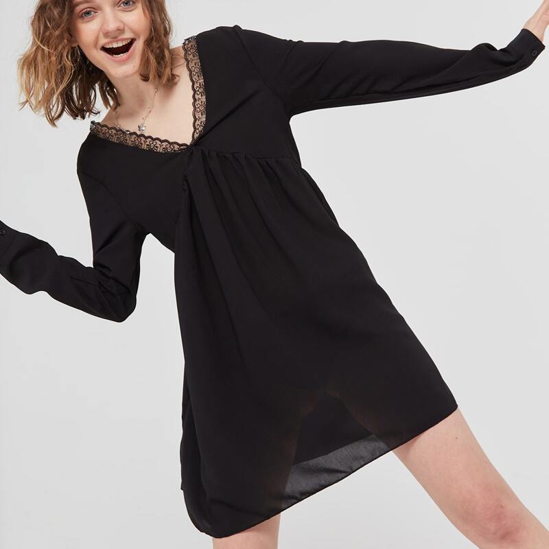 

Contrast Lace V-back Smock Dress, Black