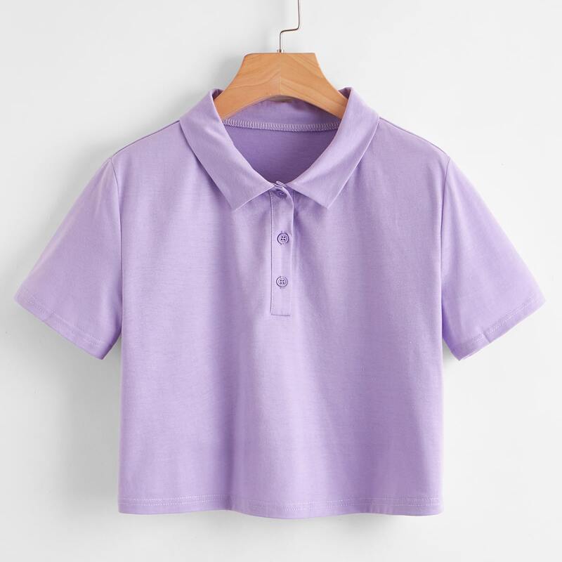 

Solid Polo Neck Crop Tee, Lilac purple