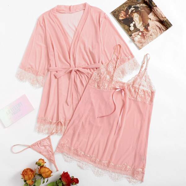 

Plus Lace Trim Mesh Slips With Thong & Belted Robe, Pastel baby pink