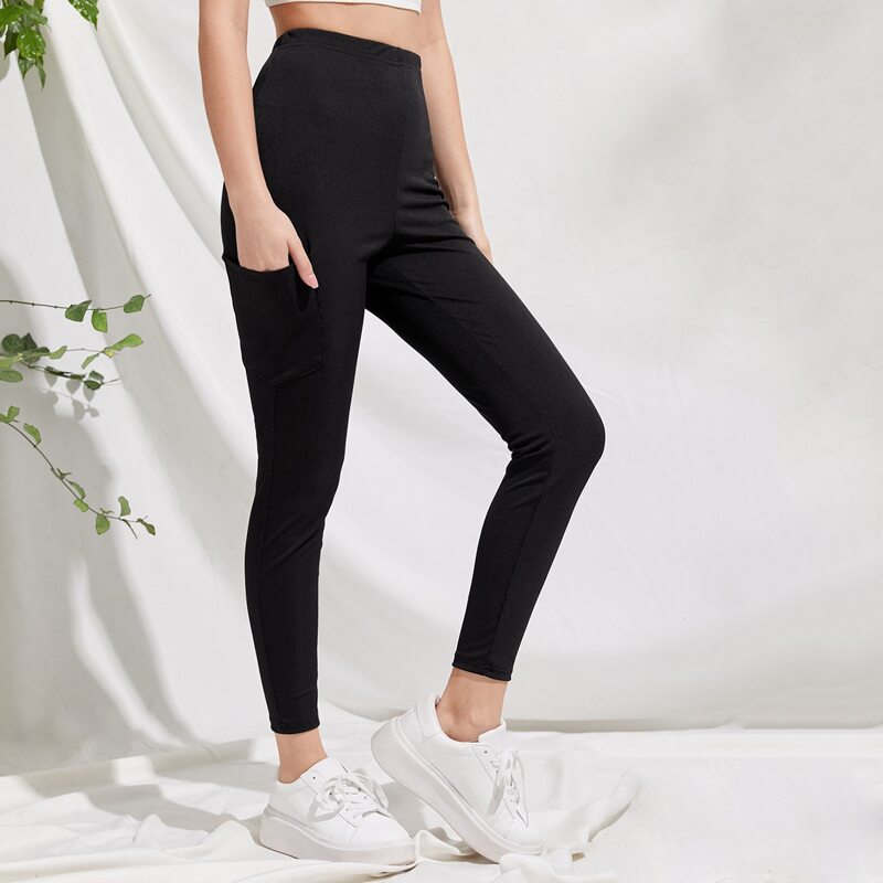 

Side Pocket Ribbed Solid Leggings, Black