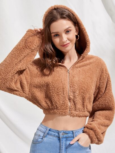 Solid Teddy Zip Hooded Jacket