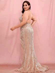 LOVE&LEMONADE 大碼繞頸領露背開衩大腿亮片舞會洋裝 - 香檳色 - 查看 2