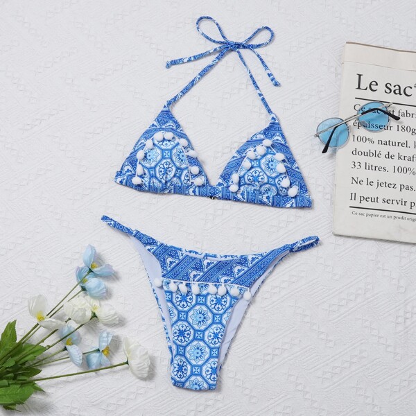 

Floral Halter Thong Bikini Swimsuit, Blue and white