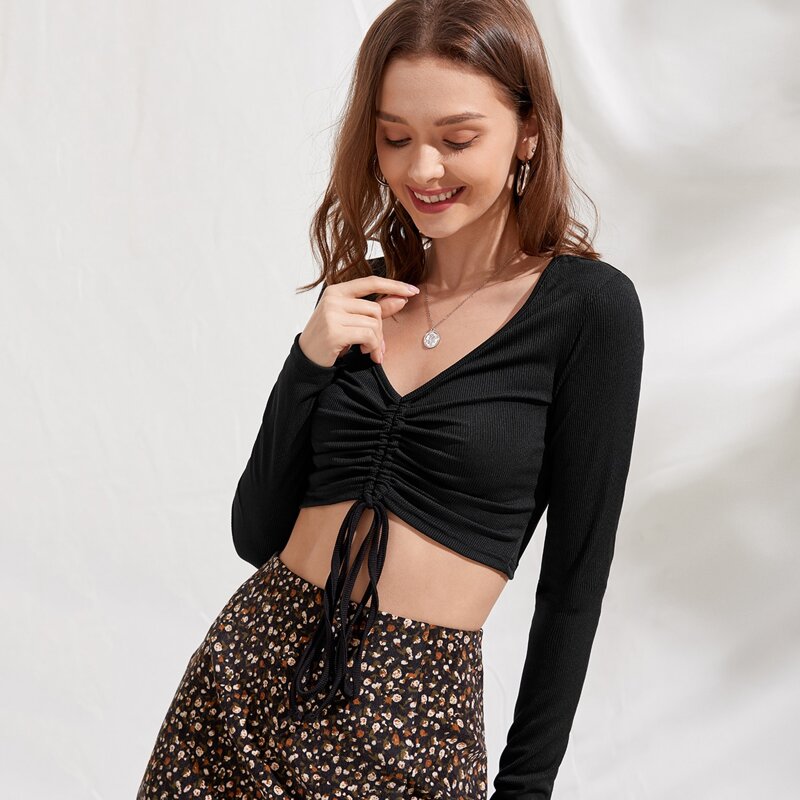 

Drawstring Front Crop Tee, Black