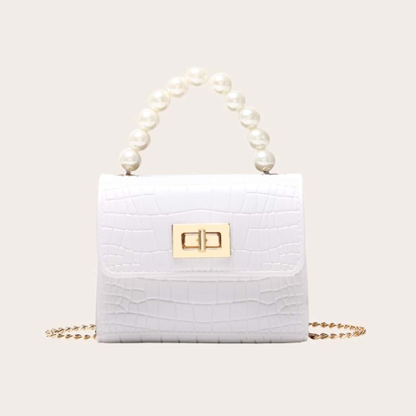 

Mini Faux Pearl Handle Croc Embossed Satchel Bag, White