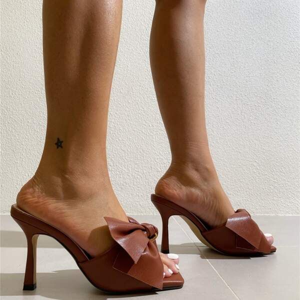 

Bow Decor Stiletto Heeled Mule Sandals, Brown