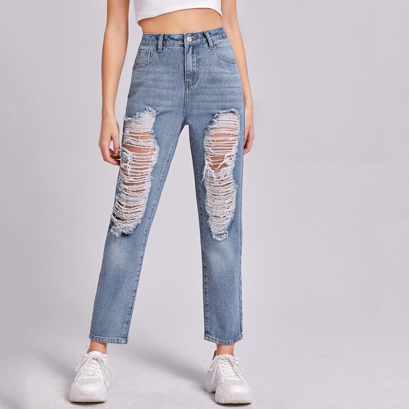 

Straight Leg Distressed Jeans, Light wash