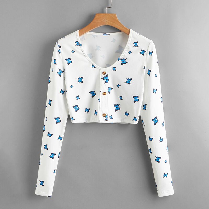 

Butterfly Print Crop Tee, Multicolor