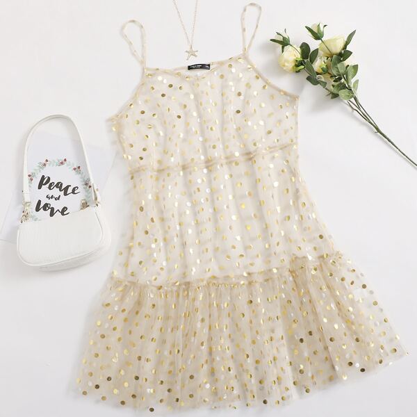 

Plus Gold Dot Sheer Mesh Cami Dress, Apricot