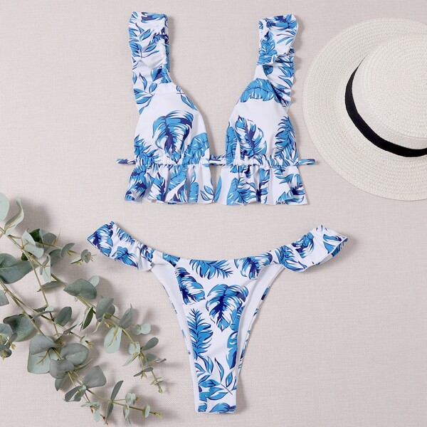 

Tropical Ruffle Trim Bikini Swimsuit, Multicolor