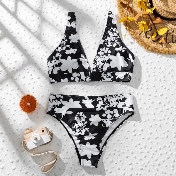 

Allover Floral High Waisted Bikini Swimsuit, Black and white