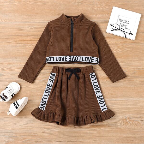 

Toddler Girls Letter Tape Half Zipper Top With Skirt, Brown