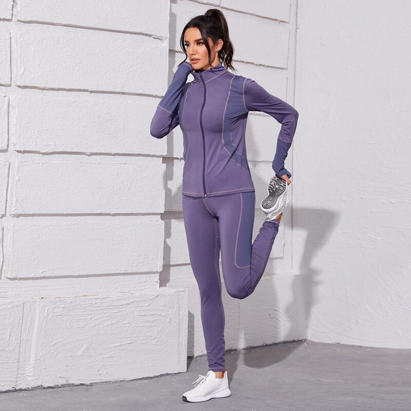 

Thumb Holes Contrast Topstitching Sports Set, Purple