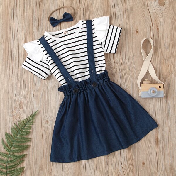 

Toddler Girls Stripe Tee & Pinafore Paperbag Skirt & Headband, Multicolor