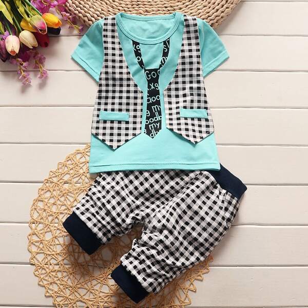 

Baby Boy Letter And Plaid Print Tee With Pants, Multicolor