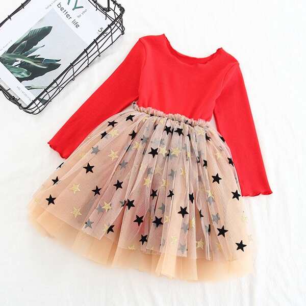 

Toddler Girls Star Print Contrast Mesh A-line Dress, Multicolor
