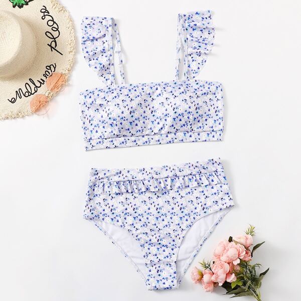 

Plus Ditsy Floral Ruffle High Waisted Bikini Swimsuit, Multicolor