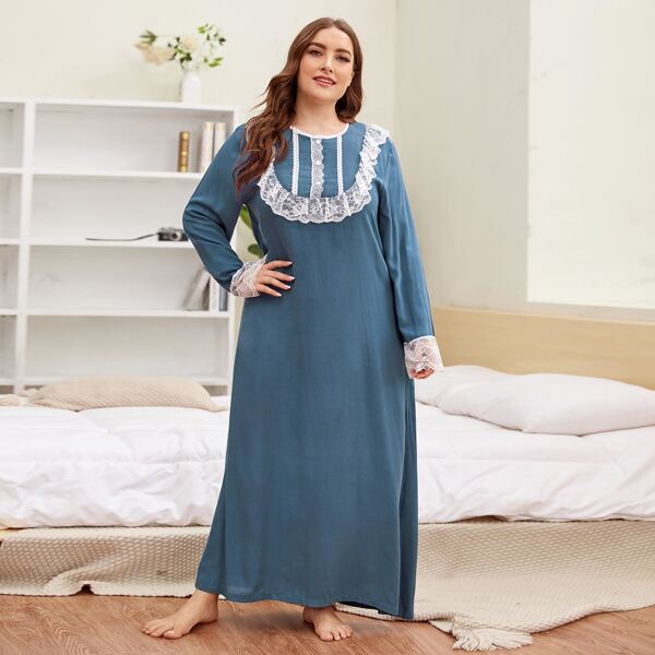 

Plus Contrast Lace Ruffle Night Dress, Dusty blue