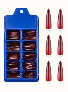 Actualice instantáneamente su aspecto con 100 piezas de uñas postizas brillantes de color sólido de color burdeos largo - Burdeos - Ver 1