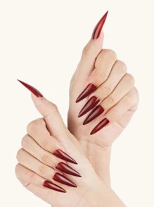 Actualice instantáneamente su aspecto con 100 piezas de uñas postizas brillantes de color sólido de color burdeos largo - Burdeos - Ver 2