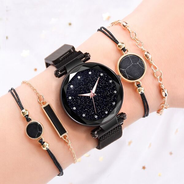 

1pc Round Pointer Quartz Watch & 4pcs Bracelet