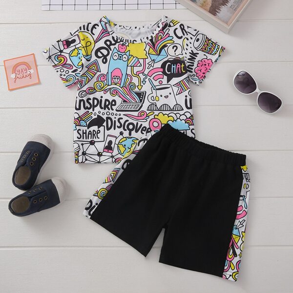 

Toddler Girls Cartoon And Letter Graphic Tee & Shorts, Multicolor