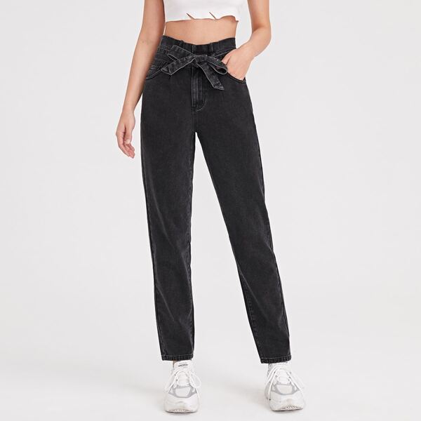 

High Waist Belted Jeans, Dark grey