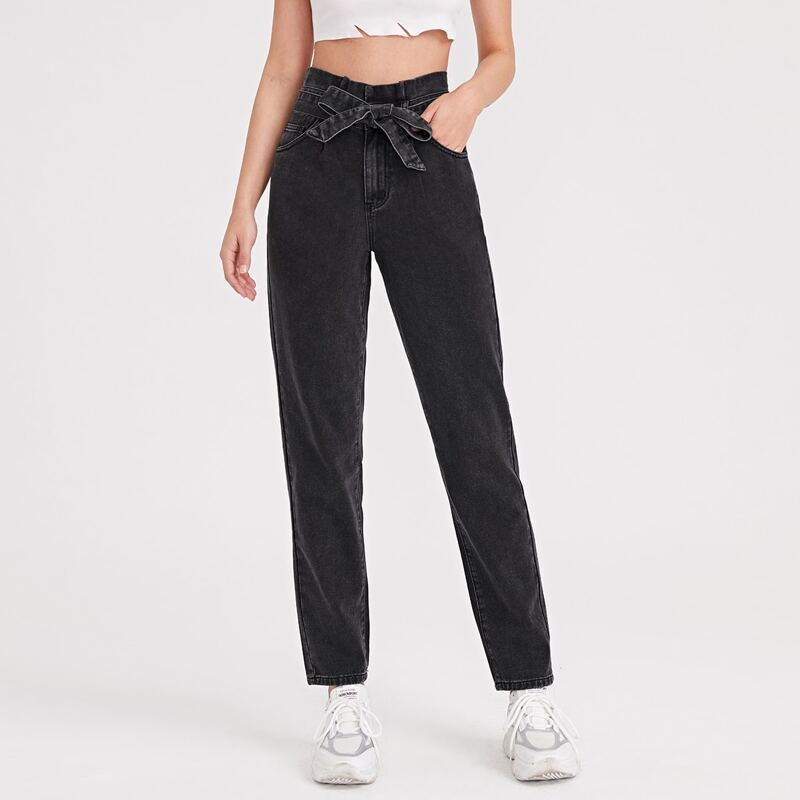 

High Waist Belted Jeans, Dark grey