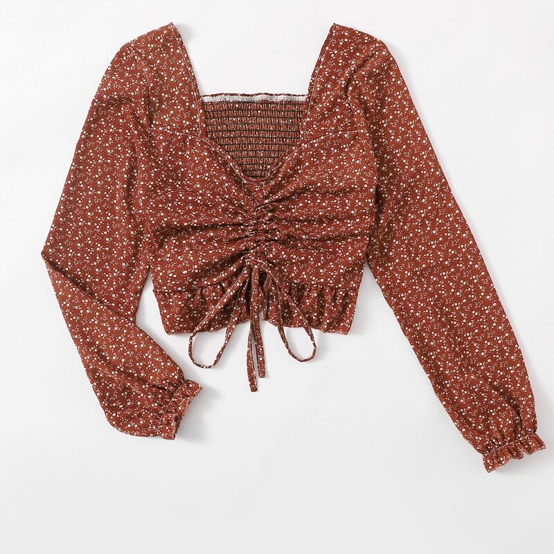 

Ditsy Floral Shirred Drawstring Blouse, Rust brown