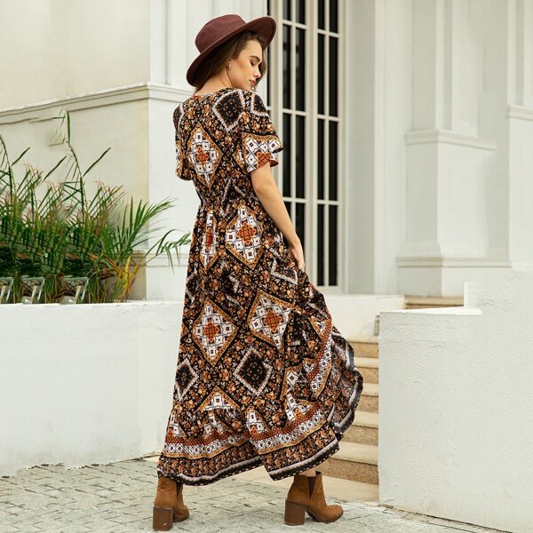 

Scarf Print Ruffle Hem Dress, Multicolor