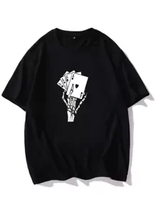 Manfinity EMRG Camiseta con estampado de mano y póquer de esqueleto para hombre - Negro - Ver 1