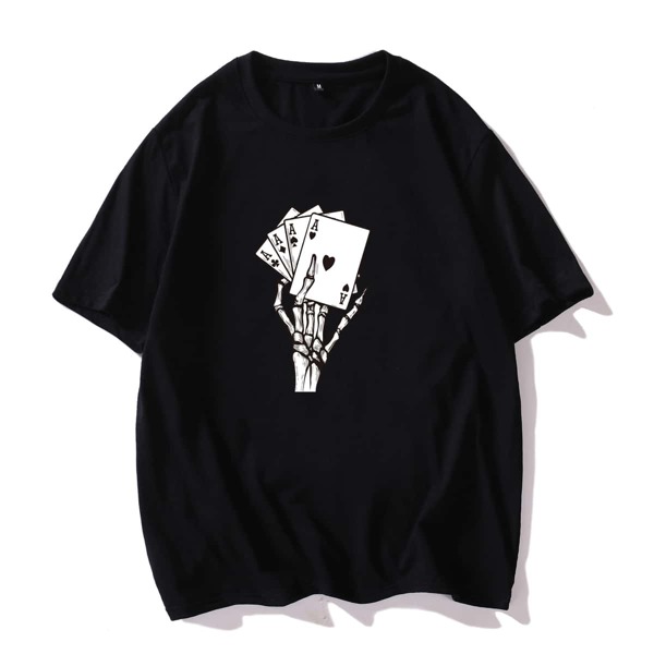 

Men Skeleton Hand And Poker Print Tee, Black