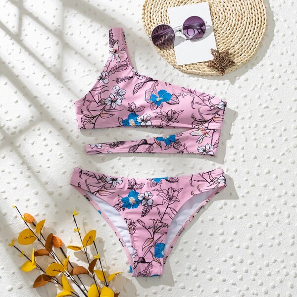 

Floral Cut-out One Shoulder Bikini Swimsuit, Pastel baby pink