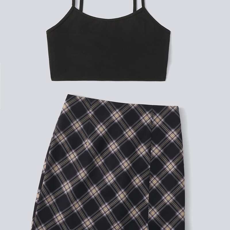 

Solid Cami & Plaid Skirt, Black