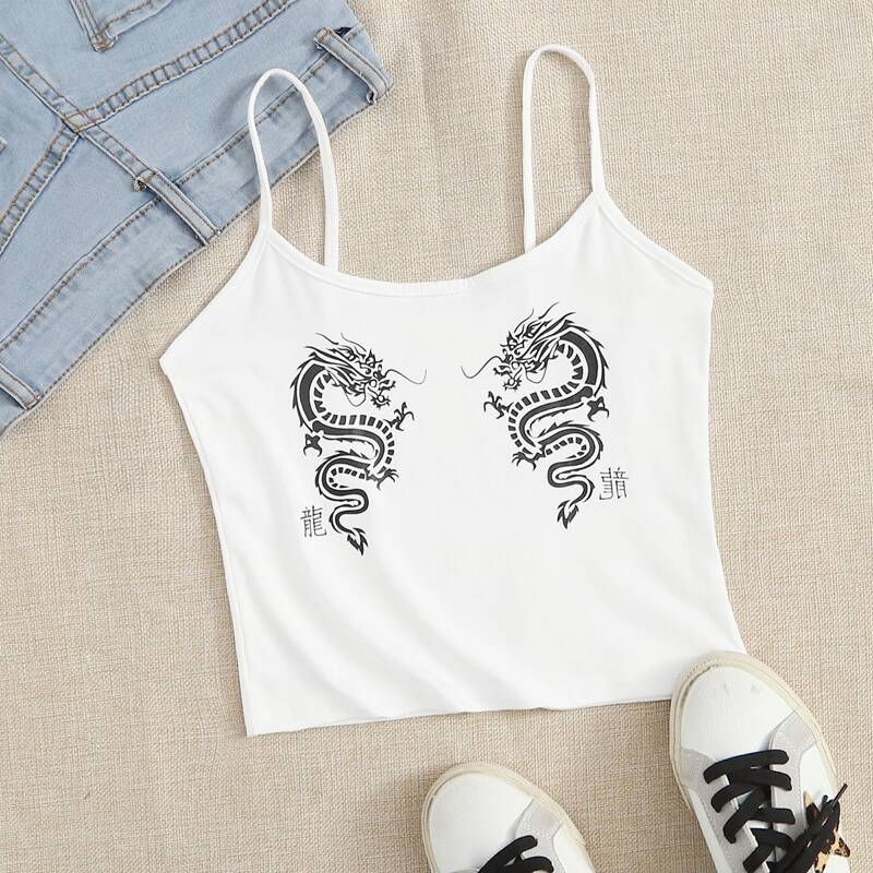 

Chinese Dragon Graphic Cami Top, White