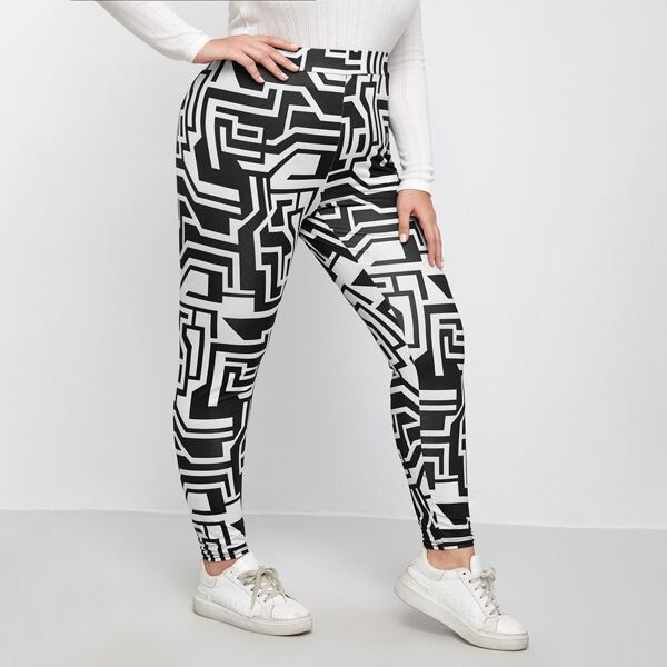 

Plus Allover Print High Waist Leggings, Black and white