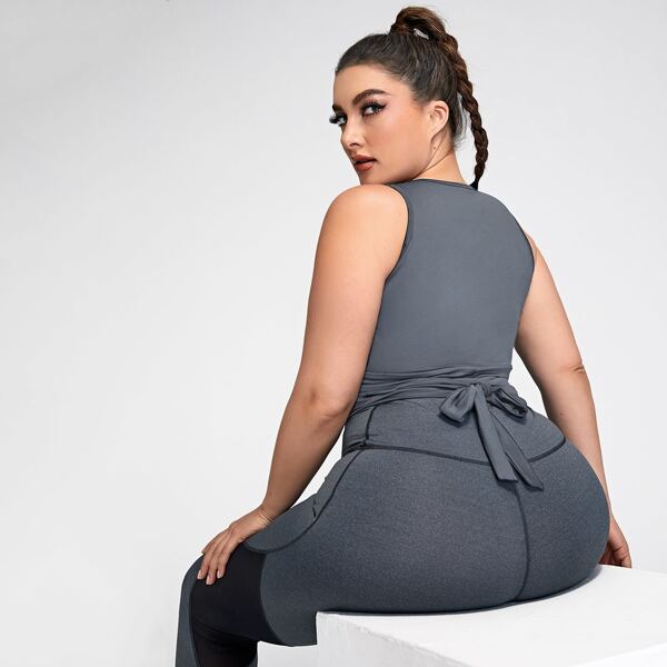 

Plus Tie Back Crop Sports Bra, Dark grey