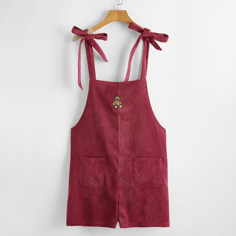 

Cartoon Bear Overall Corduroy Romper, Rose red