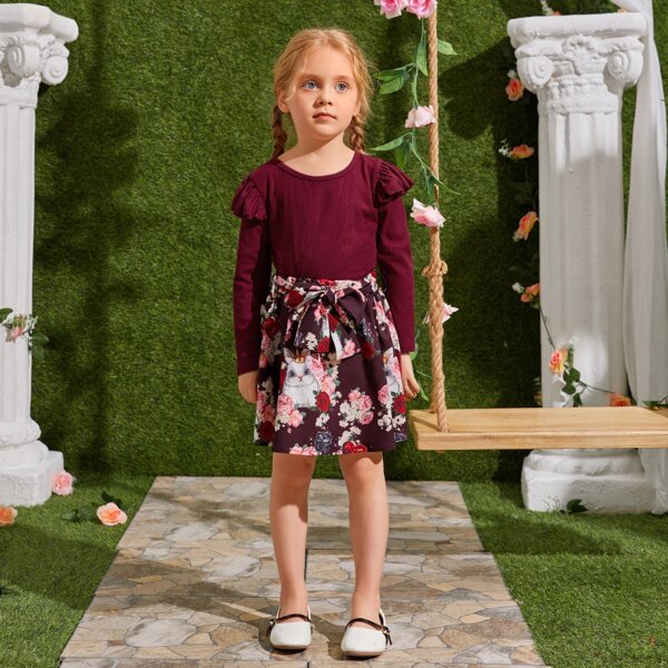 

Toddler Girls Ruffle Trim Tee & Floral Print Belted Skirt, Multicolor