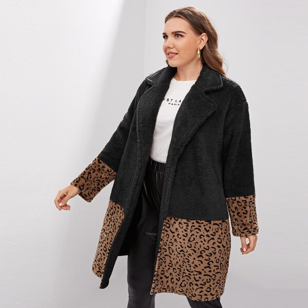 

Plus Leopard Spliced Lapel Collar Teddy Coat, Black