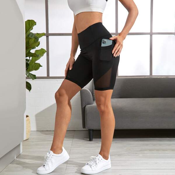 

Contrast Mesh Biker Shorts With Phone Pocket, Black