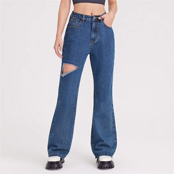 

Slant Pocket Ripped Flare Leg Jeans, Medium wash