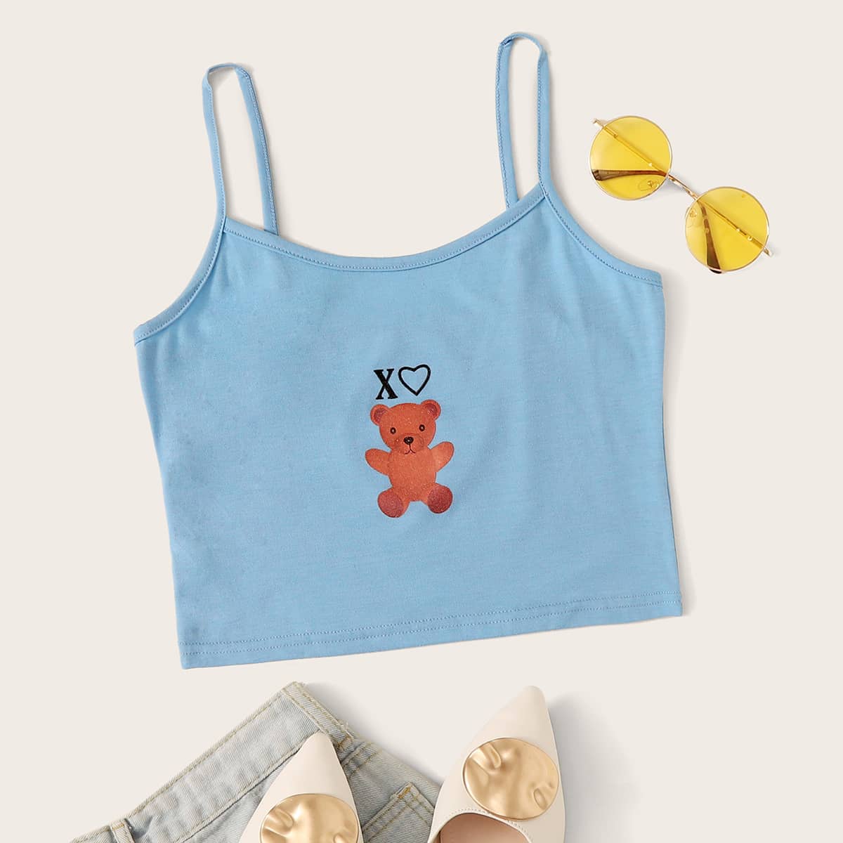 

Cartoon Bear Crop Cami Top, Blue