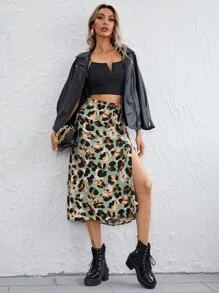 SHEIN Essnce All Over Print Split Thigh Skirt - Multicolor - View 1
