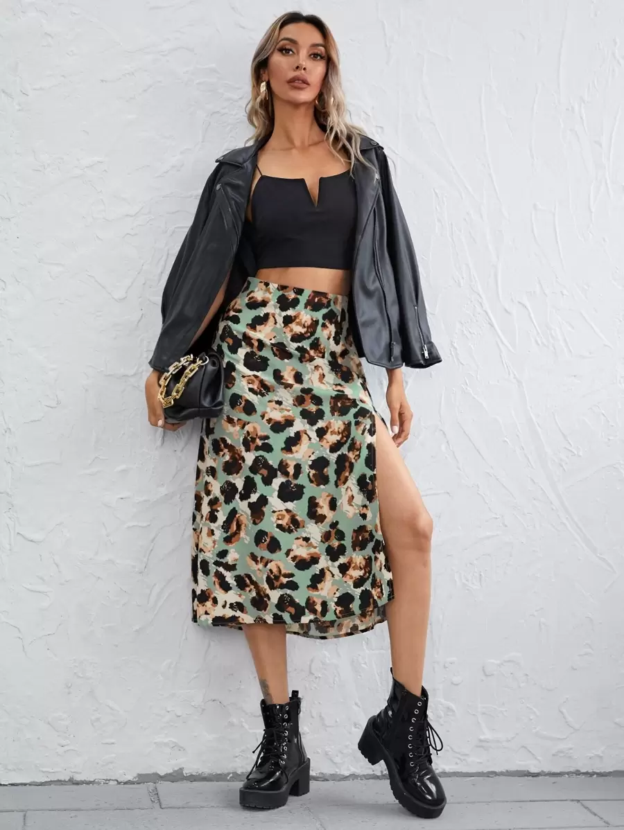 SHEIN Essnce All Over Print Split Thigh Skirt - Multicolor - View 1