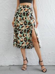 SHEIN Essnce All Over Print Split Thigh Skirt - Multicolor - View 3