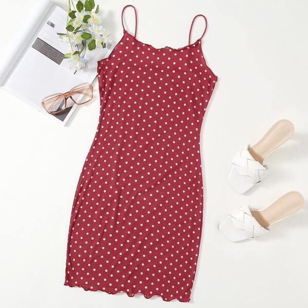 

Plus Lettuce Trim Polka Dot Dress, Rose red
