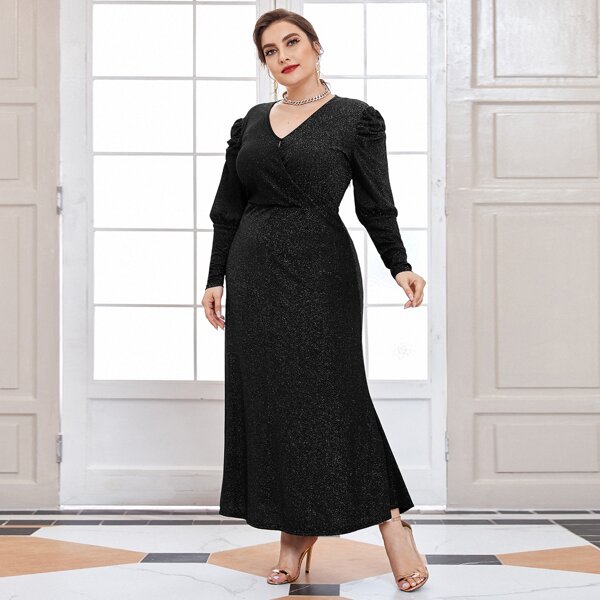 

Plus Glitter Surplice Neck Puff Sleeve Maxi Dress, Black