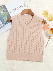 SHEIN EZwear Cable Knit Cropped Sweater Vest - Apricot - View 1