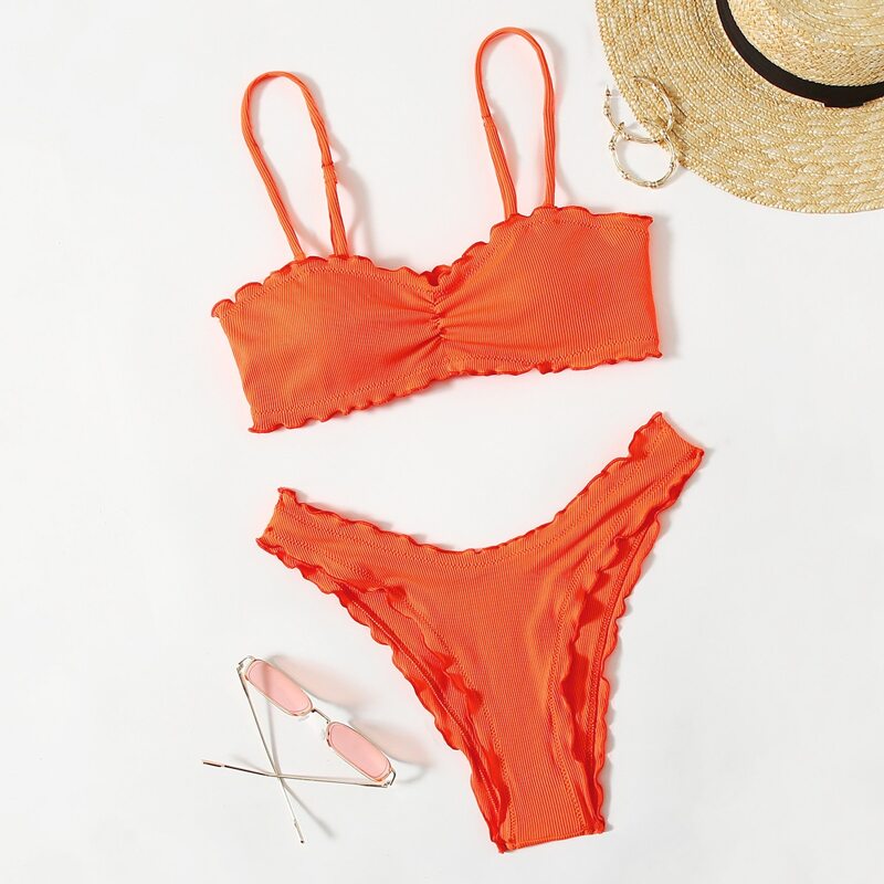 

Lettuce Trim Ruched High Cut Bikini Swimsuit, Orange